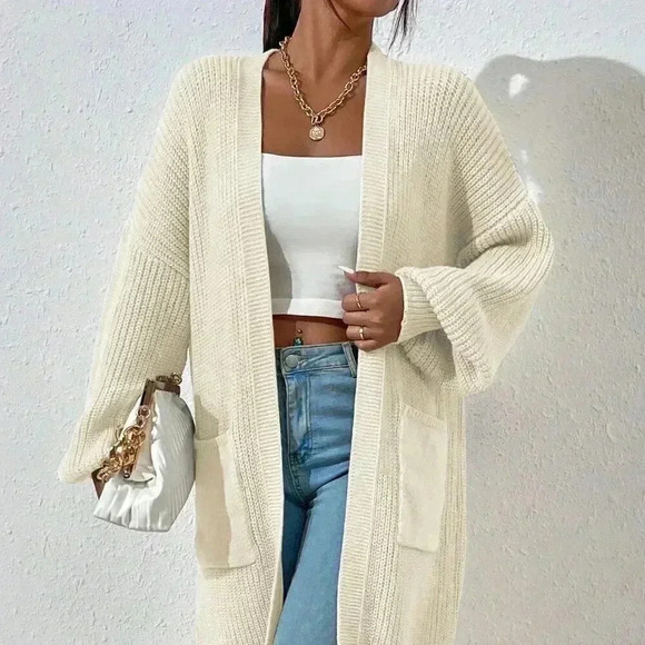 Beige Casual Women's Dual Pocket Drop Shoulder Open Front Cardigan - Picture 7 of 8